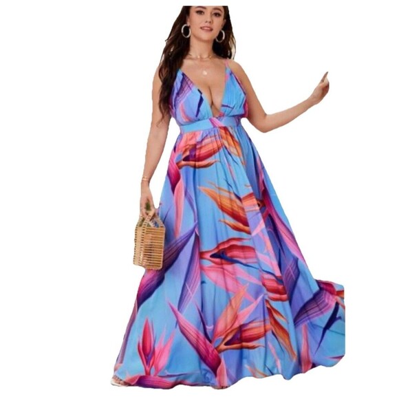 SHEIN Curve 4XL Maxi Dress Blue Pink Tropical Print Plunge Backless Plus Size - Picture 1 of 11